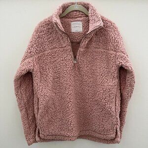 Elodie Faux Fur Teddy Sherpa Half Zip Pullover in Blush Pink Size Small